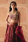 Drishti & Zahabia_Maroon Dupion, Silk, Organza Zari, Floral Cross Stitch Print Lehenga Set _Online_at_Aza_Fashions