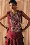 Shop_Drishti & Zahabia_Burgundy Dupion, Silk Zari, Floral Cross Stitch Print Cropped Lehenga Set _at_Aza_Fashions