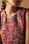 Drishti & Zahabia_Burgundy Dupion, Silk Zari, Floral Cross Stitch Print Cropped Lehenga Set _Online_at_Aza_Fashions