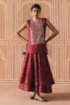 Buy_Drishti & Zahabia_Burgundy Dupion, Silk Zari, Floral Cross Stitch Print Cropped Lehenga Set _at_Aza_Fashions
