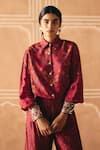 Shop_Drishti & Zahabia_Burgundy Dupion, Silk Embroidery, Zari, Cross Stitch Print Shirt And Pant Set _at_Aza_Fashions