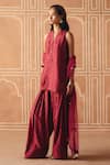 Shop_Drishti & Zahabia_Burgundy Dupion, Silk, Organza Embroidery, Cross Stitch Print Kurta Salwar Set _at_Aza_Fashions