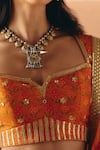 Shop_Drishti & Zahabia_Orange Dupion, Silk, Organza Zari, Cross Stitch Print Panelled Lehenga Set _Online_at_Aza_Fashions
