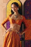 Drishti & Zahabia_Orange Dupion, Silk, Organza Zari, Cross Stitch Print Panelled Lehenga Set _at_Aza_Fashions