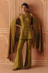 Buy_Drishti & Zahabia_Olive Green Dupion, Silk Embroidery, Zari, Cross Stitch Print Tunic Pant Set _at_Aza_Fashions