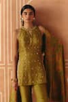Shop_Drishti & Zahabia_Olive Green Dupion, Silk Embroidery, Zari, Cross Stitch Print Tunic Pant Set _Online_at_Aza_Fashions