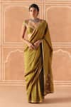 Buy_Drishti & Zahabia_Green Dupion, Silk Mirrors, Embroidery, Cross Stitch Print Saree With Blouse _at_Aza_Fashions