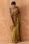 Drishti & Zahabia_Green Dupion, Silk Mirrors, Embroidery, Cross Stitch Print Saree With Blouse _Online_at_Aza_Fashions