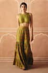Drishti & Zahabia_Green Dupion, Silk Round Neck Cross Stitch Print Top With Sharara _Online_at_Aza_Fashions