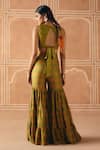 Shop_Drishti & Zahabia_Green Dupion, Silk Round Neck Cross Stitch Print Top With Sharara _at_Aza_Fashions