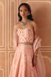 Drishti & Zahabia_Blush Dupion, Silk, Organza Embroidery, Floral Cross Stitch Print Lehenga Set _Online_at_Aza_Fashions