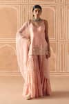 Buy_Drishti & Zahabia_Pink Dupion, Silk, Organza Embroidery, Cross Stitch Print Tunic Sharara Set _at_Aza_Fashions