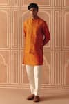 Buy_Drishti & Zahabia_Orange Dupion, Cotton, Silk Cross Stitch Print Bundi And Kurta Set _at_Aza_Fashions