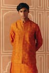 Shop_Drishti & Zahabia_Orange Dupion, Cotton, Silk Cross Stitch Print Bundi And Kurta Set _at_Aza_Fashions