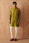 Buy_Drishti & Zahabia_Green Dupion, Chanderi Silk, Cotton, Floral Cross Stitch Print Bundi And Kurta Set _at_Aza_Fashions