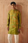 Shop_Drishti & Zahabia_Green Dupion, Chanderi Silk, Cotton, Floral Cross Stitch Print Bundi And Kurta Set _at_Aza_Fashions