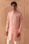 Shop_Drishti & Zahabia_Pink Dupion, Silk, Cotton Floral Cross Stitch Print Kurta Set _at_Aza_Fashions