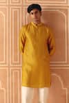 Shop_Drishti & Zahabia_Yellow Dupion, Silk, Cotton Cross Stitch Print Kurta Pant Set _at_Aza_Fashions