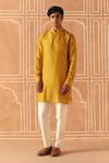 Buy_Drishti & Zahabia_Yellow Dupion, Silk, Cotton Cross Stitch Print Kurta Pant Set _at_Aza_Fashions