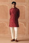 Buy_Drishti & Zahabia_Maroon Dupion, Silk, Cotton Cross Stitch Print Kurta Set _at_Aza_Fashions