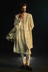 Buy_Jatin Malik_Ivory Linen, Silk Embroidery, Stones Embriodered Cutdana Sherwani Set _at_Aza_Fashions
