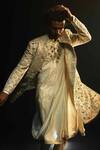 Shop_Jatin Malik_Ivory Linen, Silk Embroidery, Stones Embriodered Cutdana Sherwani Set _at_Aza_Fashions