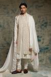 Buy_Jatin Malik_Ivory Linen, Silk Embroidery, Sequins, Beads Embriodered Pearl Open Sherwani Set _at_Aza_Fashions