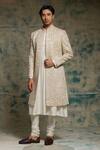 Shop_Jatin Malik_Ivory Linen, Silk Embroidery, Sequins, Beads Embriodered Pearl Open Sherwani Set 