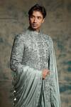 Jatin Malik_Gray Linen, Silk Embroidery, Sequins Chateau Hand Sherwani Set _Online_at_Aza_Fashions