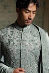 Jatin Malik_Gray Linen, Silk Embroidery, Sequins Chateau Hand Sherwani Set _at_Aza_Fashions