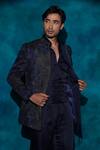 Jatin Malik_Blue Linen, Silk Embroidery, Sequins Hand Short Jacket Set _at_Aza_Fashions
