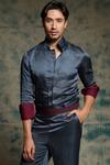 Buy_Jatin Malik_Blue Linen, Silk Embroidery Hand Painted Concept Blazer Set 