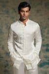 Jatin Malik_Ivory Linen, Silk Embroidery, Sequins Hand Short Jacket Set _Online_at_Aza_Fashions