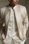 Jatin Malik_Ivory Linen, Silk Embroidery, Sequins Hand Short Jacket Set _at_Aza_Fashions