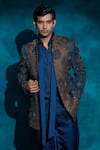 Shop_Jatin Malik_Blue Linen, Silk Embroidery Teal And Ombre Hand Short Jacket Set _Online_at_Aza_Fashions