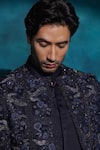 Jatin Malik_Navy Linen, Silk Embroidery Midnight Blue Floral Jacket Set _Online_at_Aza_Fashions