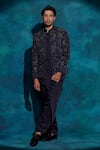 Buy_Jatin Malik_Navy Linen, Silk Embroidery Midnight Blue Floral Jacket Set _at_Aza_Fashions