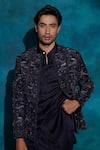 Buy_Jatin Malik_Navy Linen, Silk Embroidery Midnight Blue Floral Jacket Set 