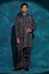 Buy_Jatin Malik_Charcoal Linen, Silk Embroidery, Sequins Hand Jacket And Trouser Set _at_Aza_Fashions