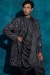 Buy_Jatin Malik_Charcoal Linen, Silk Embroidery, Sequins Hand Jacket And Trouser Set _Online_at_Aza_Fashions