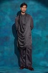 Jatin Malik_Charcoal Linen, Silk Embroidery, Sequins Hand Jacket And Trouser Set _at_Aza_Fashions