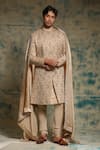 Buy_Jatin Malik_Beige Linen, Silk Embroidery, Sequins Sand Grey Embriodered Sherwani Set _at_Aza_Fashions