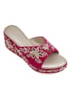 NR By Nidhi Rathi_Magenta Embroidery Velvet Golden Wedge Sandals _Online_at_Aza_Fashions