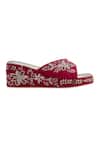 Shop_NR By Nidhi Rathi_Magenta Embroidery Velvet Golden Wedge Sandals _Online_at_Aza_Fashions