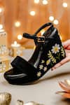 Buy_NR By Nidhi Rathi_Black Embroidery Velvet Floral Wedge Heels _at_Aza_Fashions