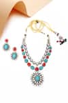Shop_Our Purple Studio_Blue Stones And Pearl Embellished Layered Necklace Set _at_Aza_Fashions