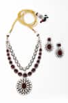 Shop_Our Purple Studio_Maroon Stones, Pearls Studded Two-layered Necklace And Earring Set _at_Aza_Fashions