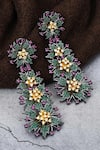 Shop_Our Purple Studio_Green Stones Floral And Leaf Embellished Drop Earrings _at_Aza_Fashions