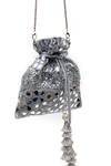SG Collection By Sonia Gulrajani_Silver Mirrors, Tassels Sitara Mirrorwork Raw Silk Potli Bag With Chain _Online_at_Aza_Fashions
