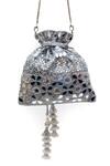 Shop_SG Collection By Sonia Gulrajani_Silver Mirrors, Tassels Sitara Mirrorwork Raw Silk Potli Bag With Chain _at_Aza_Fashions